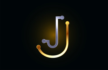 gold and silver metal letter J for alphabet logo icon design