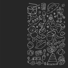 Vector pattern with kindergarten, toy children. Happy children illustration. monochrome chalk drawing on blackboard.