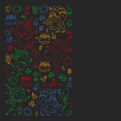 Vector illustration in cartoon style, active company of playful preschool kids jumping, at a party, birthday. colorful, chalk drawing on blackboard.