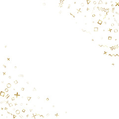 Memphis style geometric confetti vector background of triangle circle square shapes, chevron wavy lines.