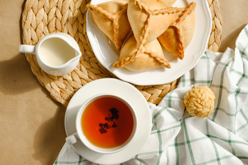 Tatar style breakfast. Traditional pastries and tea with milk