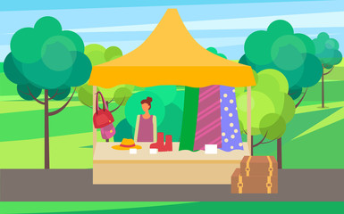 Summer or spring fair vector, seller with fabric and clothes for females. Salesperson with shoes and handbags, hats and accessories for women market in park. Flat cartoon