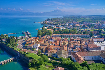 Aerial photography with drone. Beautiful view of the city of Peschiera del Garda, Italy.