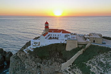 Aerial from the lighthouse Cabo Vicente in Sagres Portugal at sunset