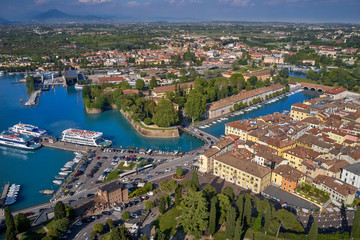 Aerial photography with drone. Beautiful view of the city of Peschiera del Garda, Italy.