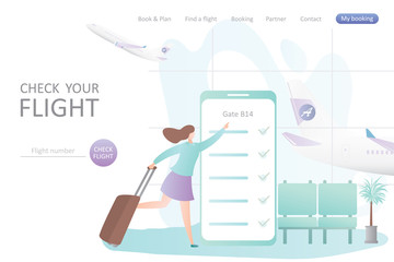Check your flight landing page,big smartphone in airport interior and running girl with suitcase