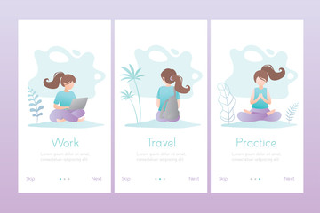 Set of three banners or application pages template.Work,travel and practice