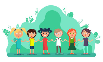 Group of children holding hands and smiling. Full length view of cute little kids in colourful clothes standing together in park. Friendship and childhood vector. Flat cartoon