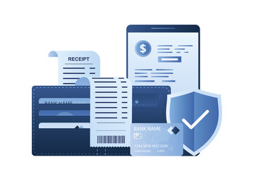 Wallet, credit cards and receipt bill. Smartphone with e-commerce application,