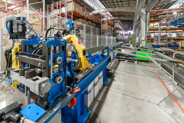 CNC Roller forming machine. The interior of the plant producing a metal profile.