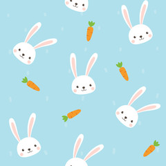 Cute Rabbit character with Carrot Seamless pattern on sky blue background. Vector illustration for Easter Day invitation, banner, poster, card, background.