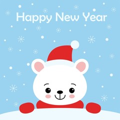 Polar bear cartoon character. A Cute Polar bear wearing Santa Claus hat Vector illustration for Happy New Year invitation card.