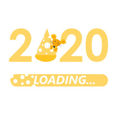 Loading bar 2020. New Year loading. Funny cute Mouse, rat and cheese slice. Greeting card. Template brochures, flyers. Vector illustration in a flat cartoon style.