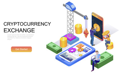 Modern flat design isometric concept of Cryptocurrency Exchange decorated people character for website and mobile website development. Isometric landing page template. Vector illustration.