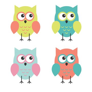 set of cute colorful owls isolated on white background
