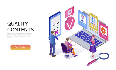 Modern flat design isometric concept of Quality Content decorated people character for website and mobile website development. Isometric landing page template. Vector illustration.