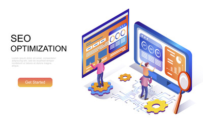 Modern flat design isometric concept of Seo Analysis decorated people character for website and mobile website development. Isometric landing page template. Vector illustration.