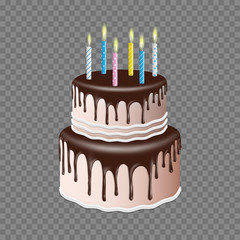 Birthday realistic tiered cake with chocolate glaze with candle,3d style