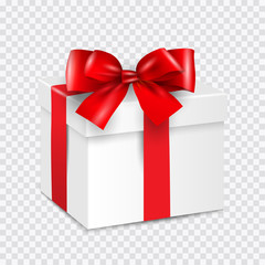 Gift white box with red ribbon isolated on transparent background, realistic 3d style