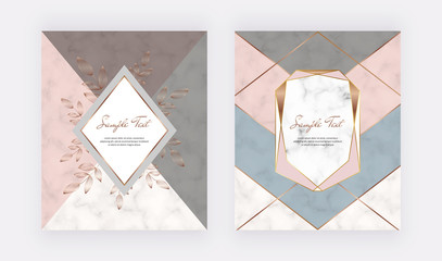 Geometric cover design with pink, gray triangular shapes and golden leafs frames on the marble texture. Template for wedding invitation, blog posts, banner, card, save the date, poster, flyer	
