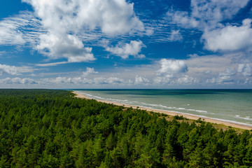 Summer coastline landscape. Green forest. Blue sea.