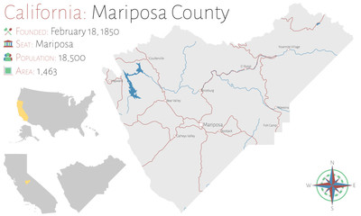 Fototapeta na wymiar Large and detailed map of Mariposa county in California, USA
