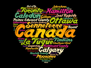 List of cities and towns in Canada composed in love sign heart shape, word cloud background