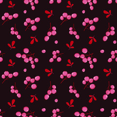 Fototapeta na wymiar Vector floral seamless pattern with rowan berries and leaves on dark red background. Floral design for fabric, wallpaper, textile, web design.