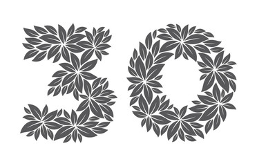 Vector 30 years anniversary leafs stylized. Isolated on white background 
