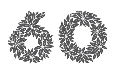 Vector 60 years anniversary leafs stylized. Isolated on white background  