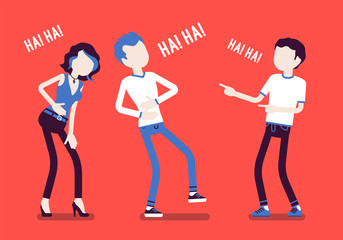Friends joking and laughing. Happy boys and young girl enjoy together funny friendly jokes, enjoyment, amusement, deep hearty belly laugh with positive humor. Vector illustration, faceless characters