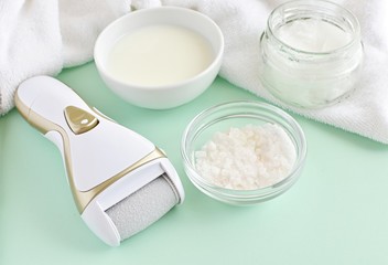 Foot care products, natural treatment, milk, coconut oil, salt and electric feet file