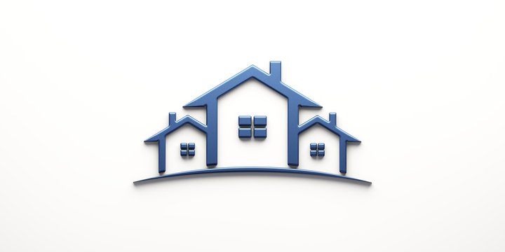 Real Estate Houses Logo Design blue color. 3D Rendering Illustration