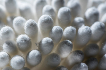 Group of ygienic white cotton buds, close up, macro photography 