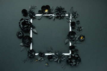 Black paper flowers, floral background, bridal bouquet, wedding, quilling, Square frame