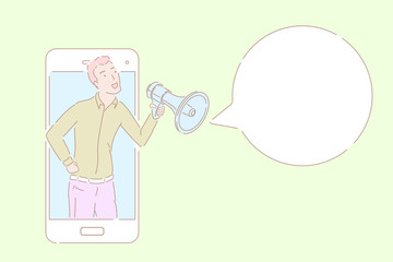 Hand drawn style vector illustration of a man that speaking just from a smartphone. Concept of a online advertisement, mobile messaging and chatting.