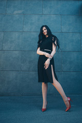 a beautiful brunette in a black dress and red shoes. Woman advertises accessories, clothes, shoes