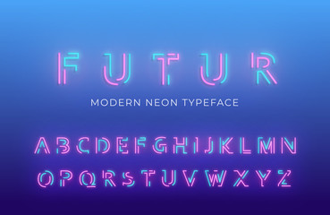 Neon light alphabet font. Glowing neon colored 3d modern alphabet typeface - obrazy, fototapety, plakaty