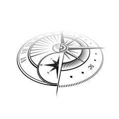 Black outline windrose and sundial silhouettes isolated on white background