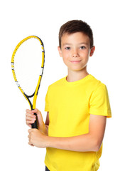 Ten years old boy with tennis racket isolated on white background
