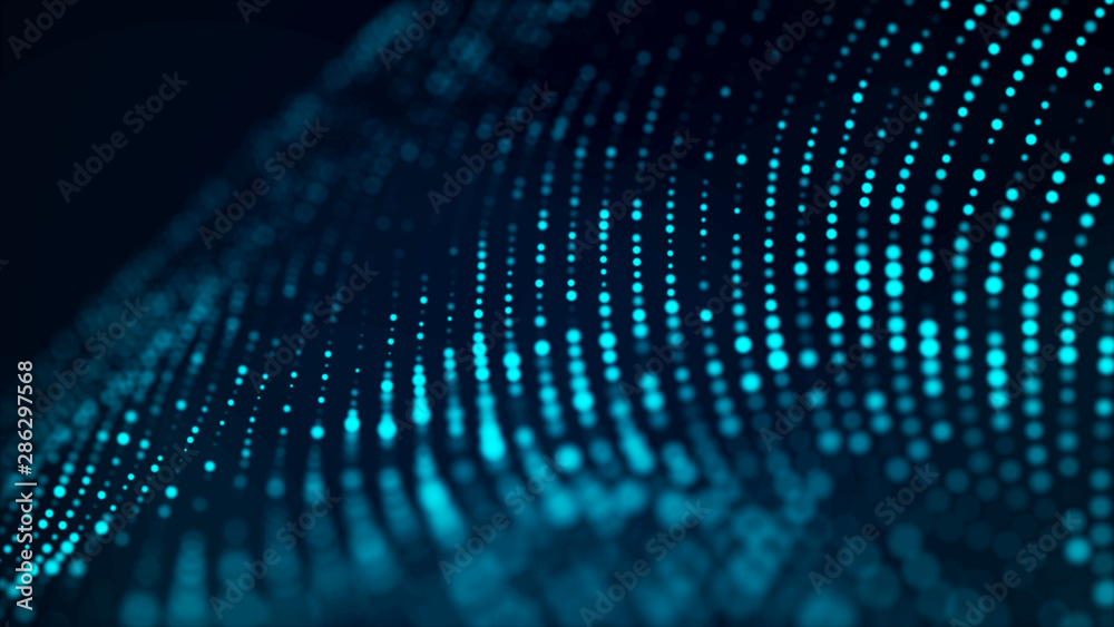 Poster Abstract background with the movement of luminous particles. Digital technology. 3D rendering.