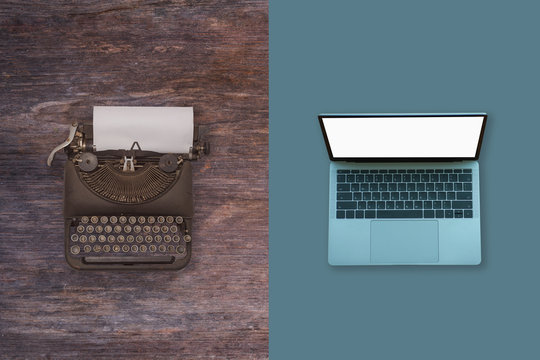 Past, present and future of technology and devices, from typewriter to computer,Top view.