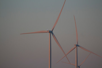 Wind turbines by the sea at sunrise