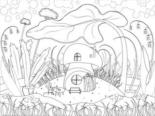 Glade with a mushroom house and a fun mouse. Children's illustration with plants, flowers, dandelions, bells and a small house.