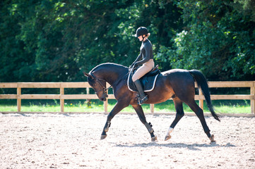 Young lady riding a horse at equestrian school. Training process