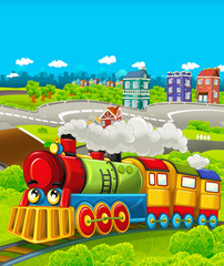 Cartoon funny looking steam train going through the city - illustration for children © honeyflavour