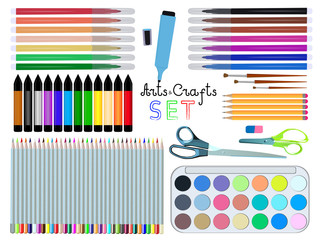 A set of pencils, felt-tip pens, paints, brushes and scissors for study and classes.