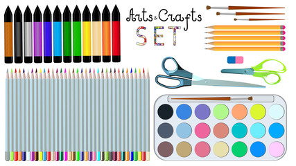 A set of pencils, felt-tip pens, paints, brushes and scissors for study and classes.