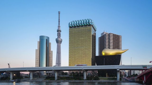 Sumida River with landmark buildings in Tokyo city, Japan