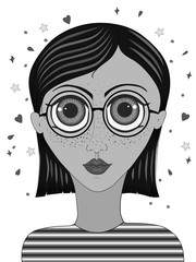 Girl with glasses with big eyes. Smart girl with round glasses.